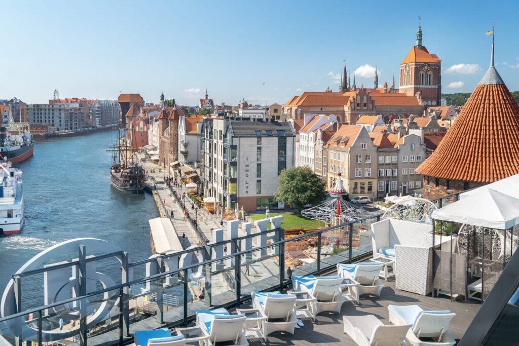 Hilton Gdańsk — terrace view over the Motława and the Old Town